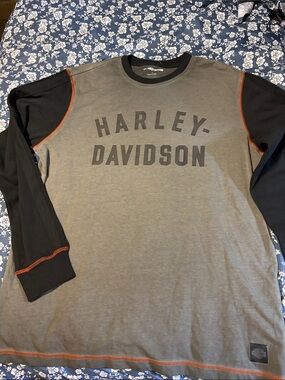Harley-Davidson Gray and Black Long Sleeve Logo Tee with Orange Stitching